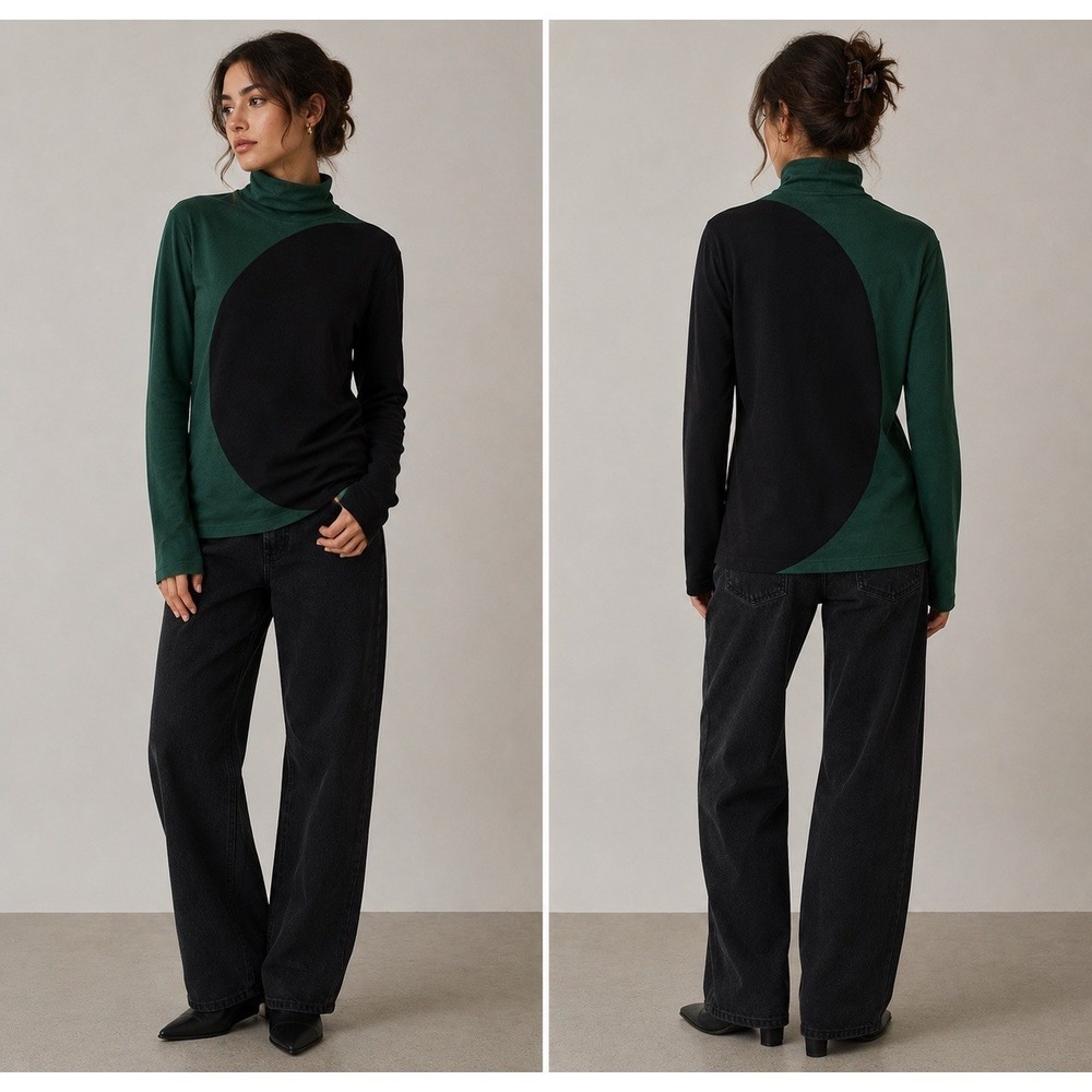Chicos Size 3 XL Turtleneck Sweater‎ Ecovero Colorblock Green Black Ribbed